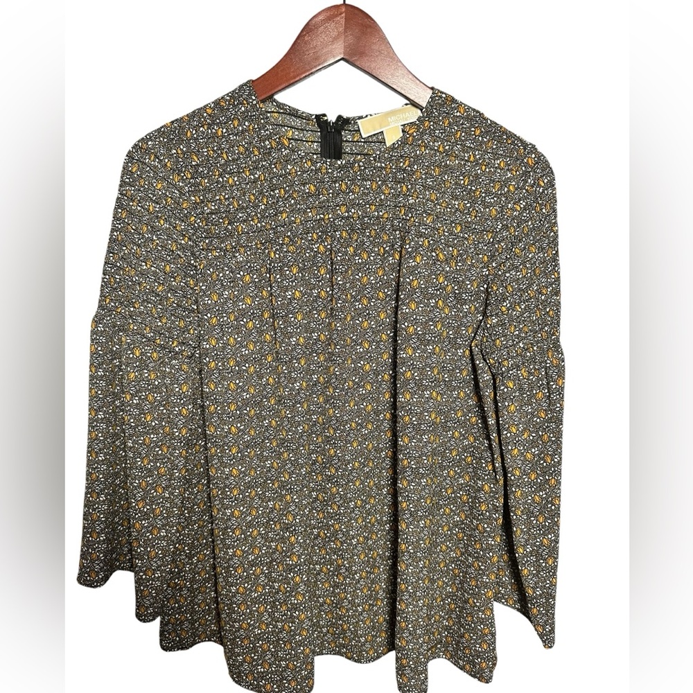 Michael Kors Black and Gold Leaf Pattern Top Blouse S